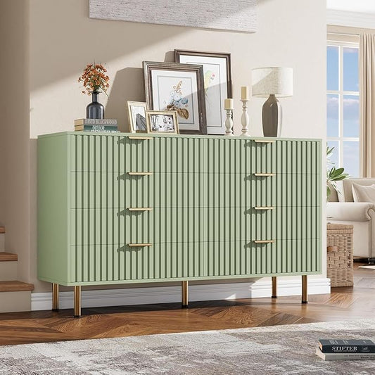 GarveeHome 8 Drawer Dresser for Bedroom, Fluted 55 in Wide Modern Chest of Drawers with Deep Drawers, Wooden Dresser Organizer for Living Room, Hallway, Kids Room, Green
