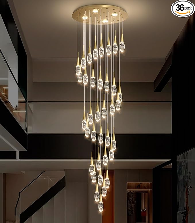 36-Lights 197 Inches Large Modern Chandelier LED Light Fixtures High Ceiling Long Light Chandelier for Entrance Foyer Dimmable Lights with Remote Living Room Ceiling Pendant Lighting Shine Gold