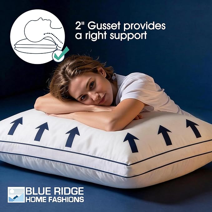 Blue Ridge Home Fashions Hotel Bed Pillows King Size Set of 2, 400 Thread Count 100% Cotton Cover, Medium Support Gusseted Down Alternative Pillow for Back, Stomach or Side Sleepers, 18" x 34", White