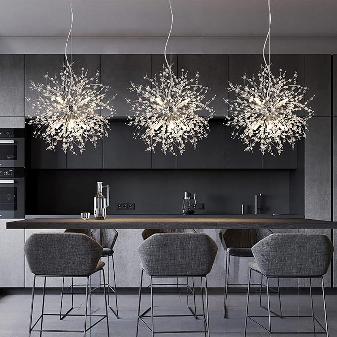 Dandelion Crystal Chandeliers, 8-Light Small Chrome Firework Pendant Lights, 15.7" Stainless Steel Sputnik Chandelier Light Fixture for Kitchen Island Bedroom