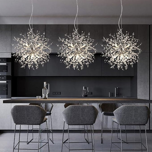 Dandelion Crystal Chandeliers, 8-Light Small Chrome Firework Pendant Lights, 15.7" Stainless Steel Sputnik Chandelier Light Fixture for Kitchen Island Bedroom