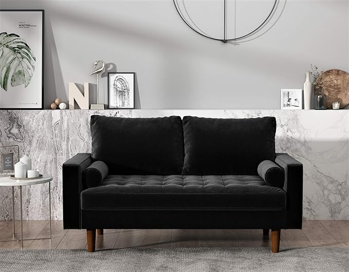 Container Furniture Direct Womble 58 Inch Velvet Loveseat Sofa with Elegant Button Tufted Upholstery, Square Arms, Splayed Wood Legs, Includes Matching Bolster Pillows, Midnight