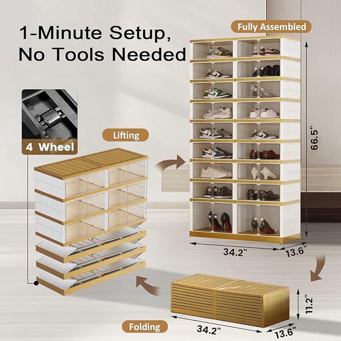 Foldable Shoe Organizer Cabinet Collapsible Shoe Rack, 9 Tier 36 Pairs Shoe Storage Boxes, Folding Shoe Rack with Magnetic Transparent Doors Easy Assembly Shoe Shelves Organizer, White Gold
