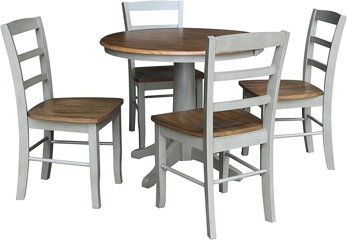 IC INTERNATIONAL CONCEPTS Wood Dining Table with 4 Madrid Ladderback Chairs in Distressed Hickory/Stone