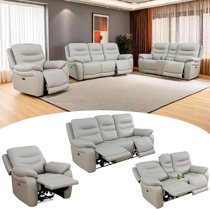 Power Reclining Sofa Set, Genuine Leather Recliner Sofa Set,Living Room Furniture Setwith USB Charging and LED Lights,for Living Room/Apartment/Office/Home Theather,Light Grey,C+L+S
