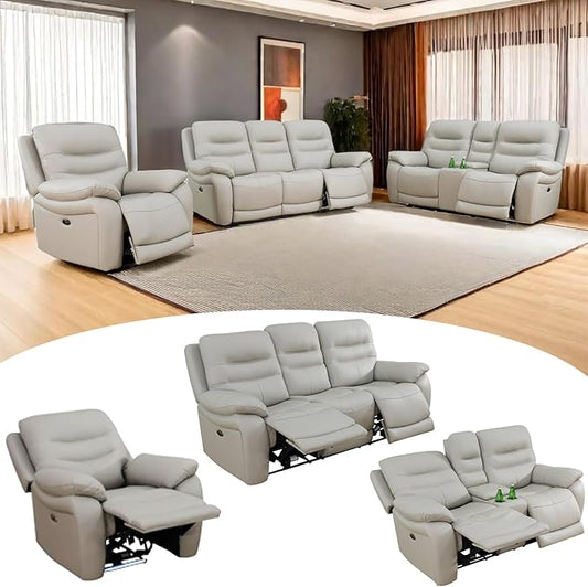 Power Reclining Sofa Set, Genuine Leather Recliner Sofa Set,Living Room Furniture Setwith USB Charging and LED Lights,for Living Room/Apartment/Office/Home Theather,Light Grey,C+L+S