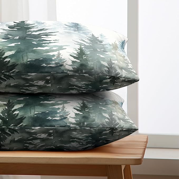 Watercolor Dark Green Christmas Tree Lumbar Pillow Covers 12x20 Set of 2 Winter Rustic Nature Forest Throw Pillow Covers Xmas Pine Trees Linen Pillow Cases for Farmhouse Living Room Decor