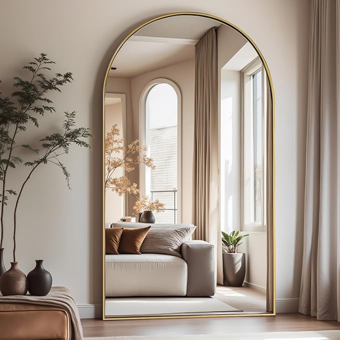 Large Arched Full Length Mirror with Stand 76x34, Freestanding Floor Mirror or Wall Mounted, Tall Body Mirror with Aluminum Frame for Bedroom, Living Room, Gold