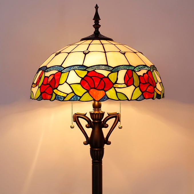Tiffany Floor Lamp Rose Flower Style Stained Glass Standing Reading Light 16X16X66 Inches Antique Pole Corner Lamp Decor Bedroom Living Room