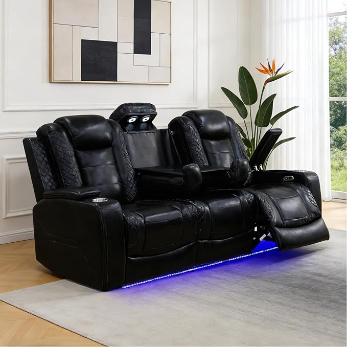 Power Reclining Sofa Set for Living Room, Leather Recliner Couch with Drop-Down Table, Power Pads, Reading Lights for House/Home Teather(3 Seater Sofa, Black)