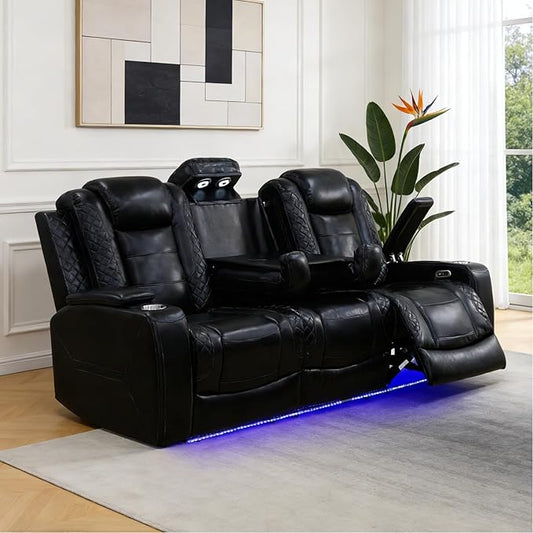Power Reclining Sofa Set for Living Room, Leather Recliner Couch with Drop-Down Table, Power Pads, Reading Lights for House/Home Teather(3 Seater Sofa, Black)