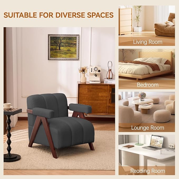 Accent Chairs Set of 2 Mid-Century Modern with Wide Backrest for Bedroom, Upholstered Living Room Chair with Wooden, Lounge Armchair with Thick Cushion, Cute Teddy Comfy Chair, Dark Grey