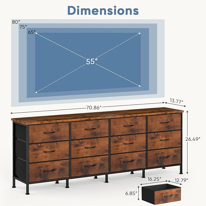 DUMOS TV Stand for Bedroom with Storage TV Stands for Living Room Rustic, 12 Drawer Dresser Farmhouse Entertainment Center for up to 80 Inch TVs, Media Console Table with Metal Frame Adjustable Feet