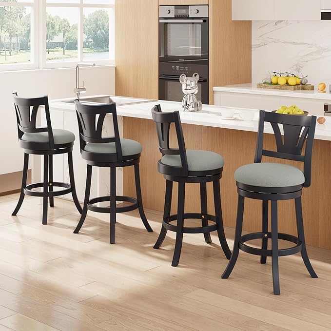 Swivel Bar Stools Set of 2,26 Inch Counter Height Barstool with Silent Rotation, High-Density Foam Cushion, Solid Wood Frame, Footrest & Anti-Slip Pads for Kitchen Islands and Home Bars (Grey)