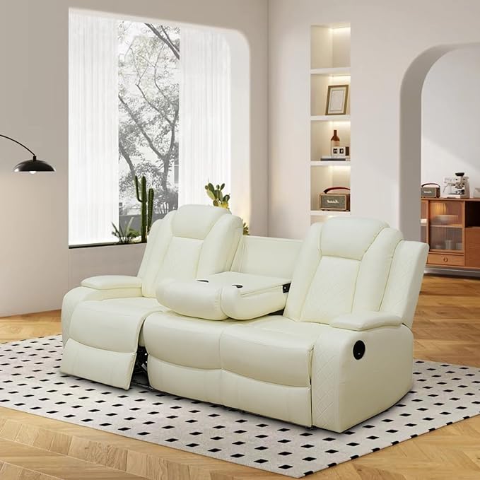 Power Recliner Sofa, Air Leather Reclining Couch with LED/Storage, 3-Seater Reclining Sofa, Creamy White Leather Couch for House/Apartment/Office