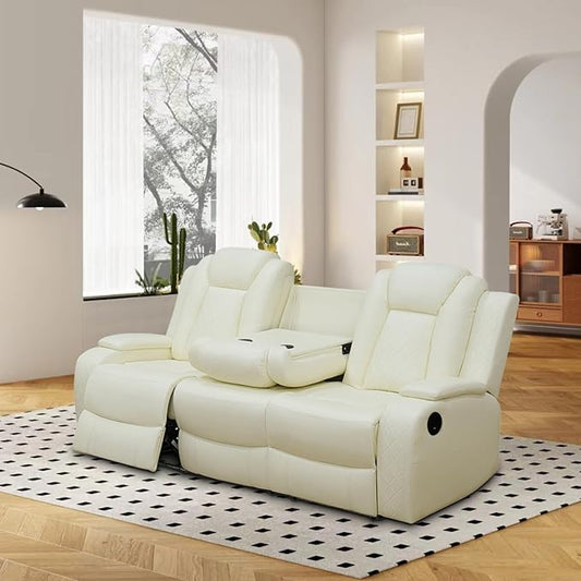 Power Recliner Sofa, Air Leather Reclining Couch with LED/Storage, 3-Seater Reclining Sofa, Creamy White Leather Couch for House/Apartment/Office