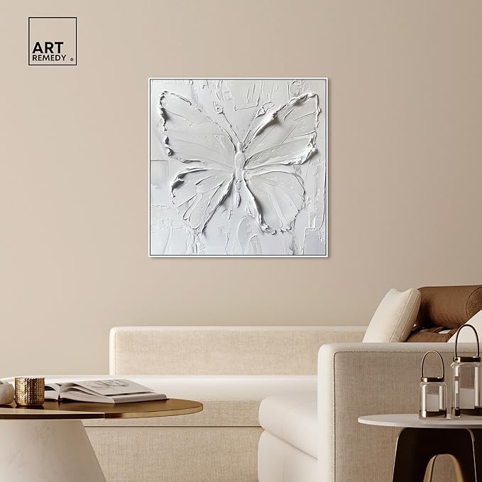 Art Remedy White Butterfly Canvas Elegant White Gold Wall Art, White Frame, 40" x 40"