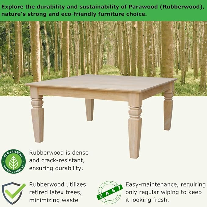International Concepts, 18"H Java Square Coffee Table, Farmhouse, Living Room Furniture, Sturdy Solid Parawood, Paint or Stain in Any Color, Easy Assembly, Unfinished