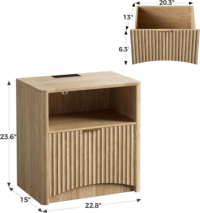 Evermagin Fluted Nightstand with Charging Station, Natural Oak Bedside Table with Drawer and Storage, Wood End Table Mid Century Modern, Large Night Stand for Bedroom