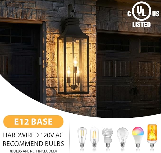 28" Large Outdoor Wall Lights 2 Pack, 3-Light Black Exterior Sconces with Clear Glass, Extra Tall Waterproof Porch Lanterns, Aluminum Alloy Fixtures for Front Door Garage, E12 Socket