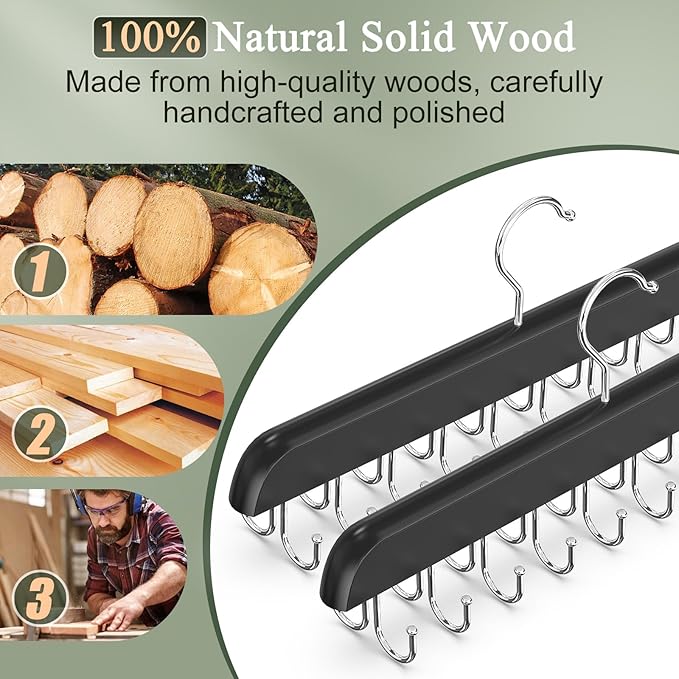 2 Pack Bra Hangers for Closet Organizer, Round Rectangle Bra Organizer with 40 Stainless Steel Hooks, Wooden Tank Top Hanger, Closet Organizers and Storage for Bras Camis Belts Ties, Black Hanger