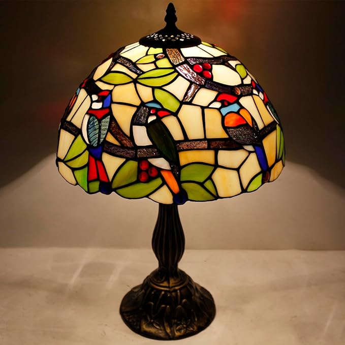 WERFACTORY Tiffany Table Lamp Mix Color Stained Glass Bedside Lamp Double Birds Reading Desk Light 12X12X18 Inches Decor Bedroom Living Room Home Office S805 Series