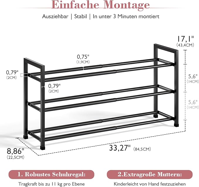 Bumusty 3-Tier Expandable Shoe Rack for Closet, 18“-33” Adjustable Shoe Rack for Small Space, Small Shoe Organizer for Front Door, Sturdy Metal, Black