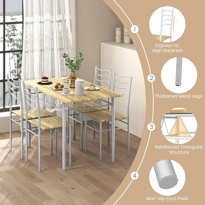 COSTWAY Kitchen Table Chairs Set of 4, 5 Piece Metal Rectangular Dinette Set w/Non-Slip Pad, Space-Saving Design, Modern Dining Room Table Set for Small Place Breakfast Nook Restaurant (Light-Walnut)