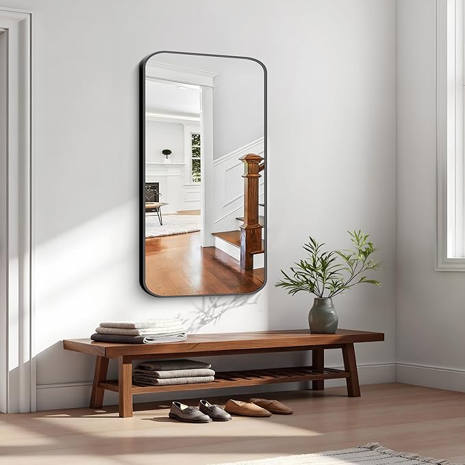KOCUUY Black Mirror, 30x48 Inch Rectangle Bathroom Mirror with HD Tempered Glass, Anti-Rust Frame, Vanity Mirror with Rounded Corner for Bathroom, Living Room, Entryway, Hang Horizontal/Vertical