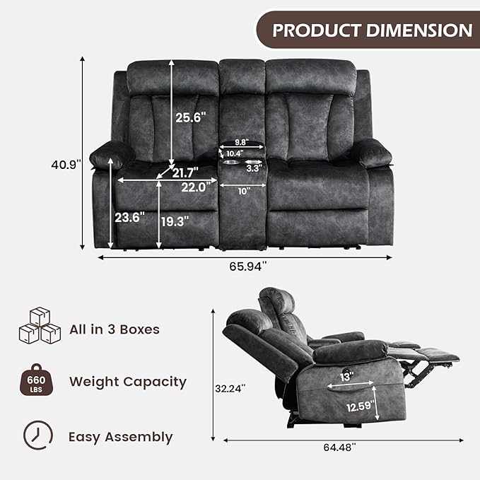 Power Reclining Loveseat with Console, Loveseat Recliner Sofa with Massage & Heat, Perfect Electric Couch for Living Room (Gray)