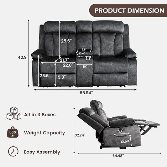 Power Reclining Loveseat with Console, Loveseat Recliner Sofa with Massage & Heat, Perfect Electric Couch for Living Room (Gray)