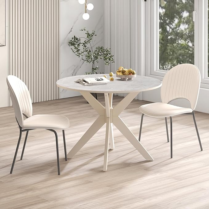COSTWAY 36" Round Dining Table, Solid Wood Kitchen Table with Intersecting Pedestal Base and Adjustable Foot Pads for Home, Office, Small Space, Cafe, Bar (White)