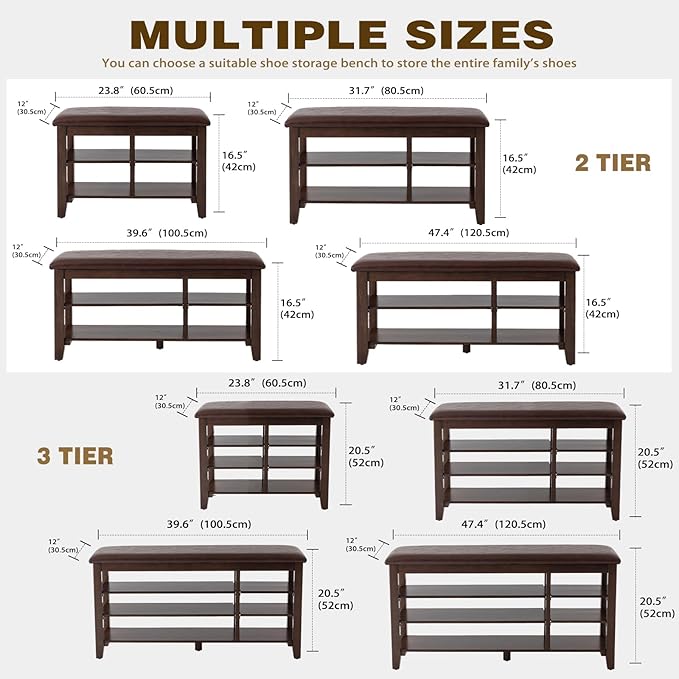 PY HOME & SPORTS Shoe Rack for Entryway 23.6": 3-Tier Shoe Storage Bench, Adjustable/Removable Shelves, Rubberwood Shoe Benches for Hallway, Porch, Bathroom, Brown