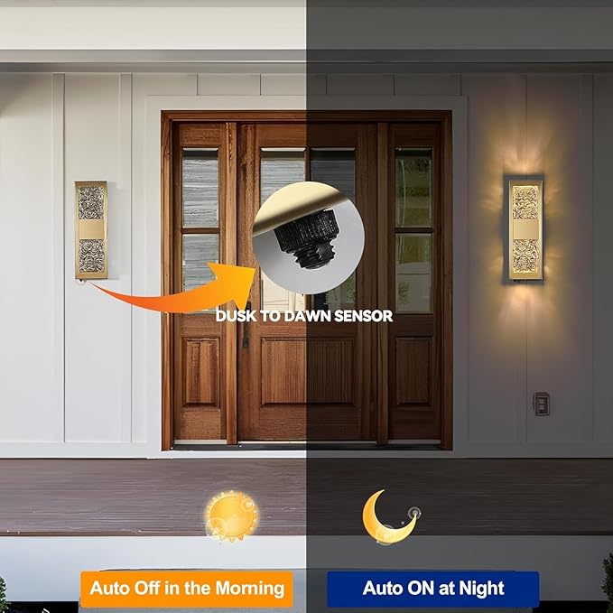 Dusk to Dawn Outdoor Lighting,Porch Lights Outdoor 14.2'' IP65 Waterproof Exterior Lighting Fixtures 12W LED Crystal Modern Outside Lights for Hallway Doorway Porch Patio Backyard, Gold, 2PCS