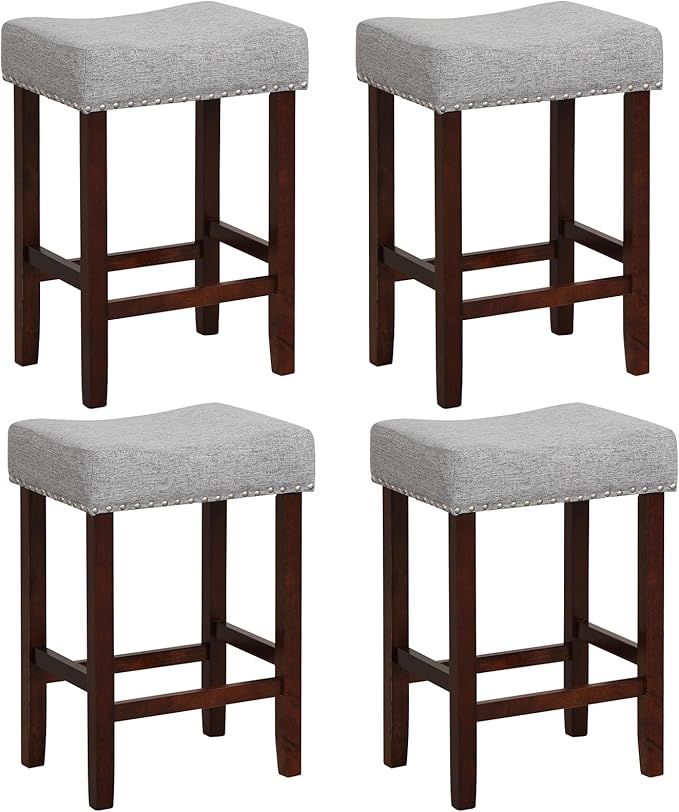 ERGOMASTER Bar Stools, 24 Inch Modern Saddle Stools, Rubber Wood, Light Grey/Brown, Set of 4