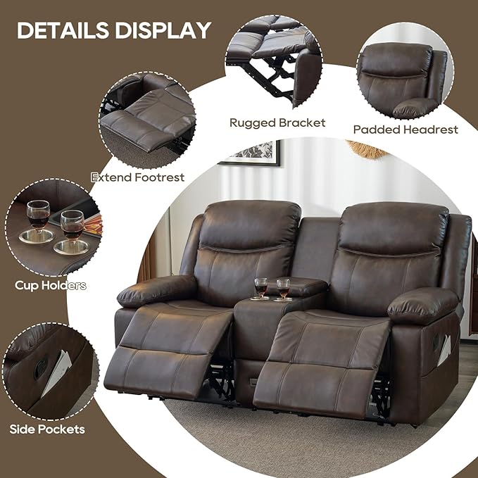 Loveseat Recliner Sofa, PU Leather Sofa Couch, Manual Recliner Loveseat with Console, Double Reclining RV Sofa with Cup Holders and Side Pocket for Living Room/Office/Apartment (Brown) | Heating & Massage, Hidden Drawer