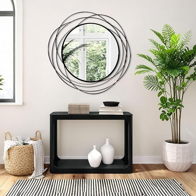 Round Wall Mirror - 26.8" Large Black Circle Mirror for Wall with Art Decorative Durable Metal Frame, Modern Hanging Mirror for Bathroom Over Sink, Bedroom, Entryway, Vanity or Living Room
