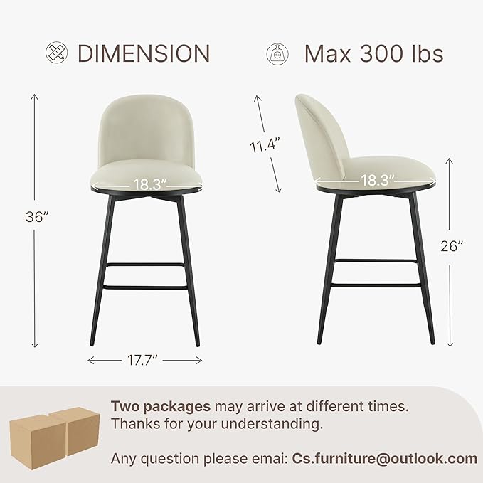 Swivel Bar Stools Set of 4, 26" H Upholstered Faux Leather Barstools with Backs,Counter Height Stools with Metal Legs for Kitchen Island,Cream,2 Box