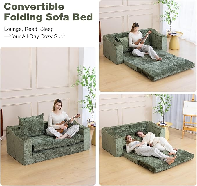 61" Convertible Sofa Bed Loveseat, Memory Foam Boneless Floor Couch with Removable Plush Velvet Cover, Tri-folding Compact Full-size Sleeper for Small Living Room, Playroom, Guest Room, RV (Emerald) | Convertible Sofa Bed, Premium Memory Foam, Ergonomi...
