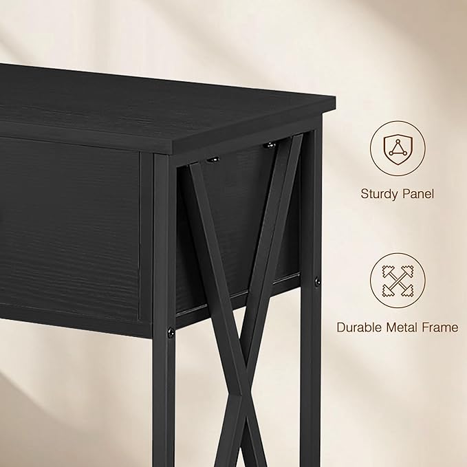 VECELO End Table with Charging Station, Night Stand with Drawers, 2-Tier Bedside Tables with USB Ports & Outlets, Side Table with Storage Shelf for Living Room/Bedroom, Black