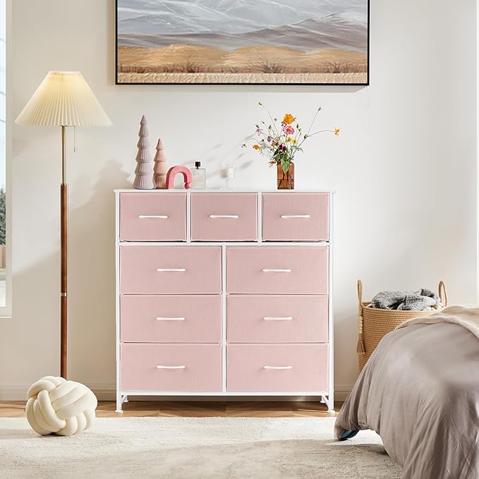 DUMOS 9 Drawer Dresser for Bedroom, Fabric Storage Organizer with Sturdy Metal Frame, Wooden Top Chest of Drawers for Closet Entryway Guest Room,Pink