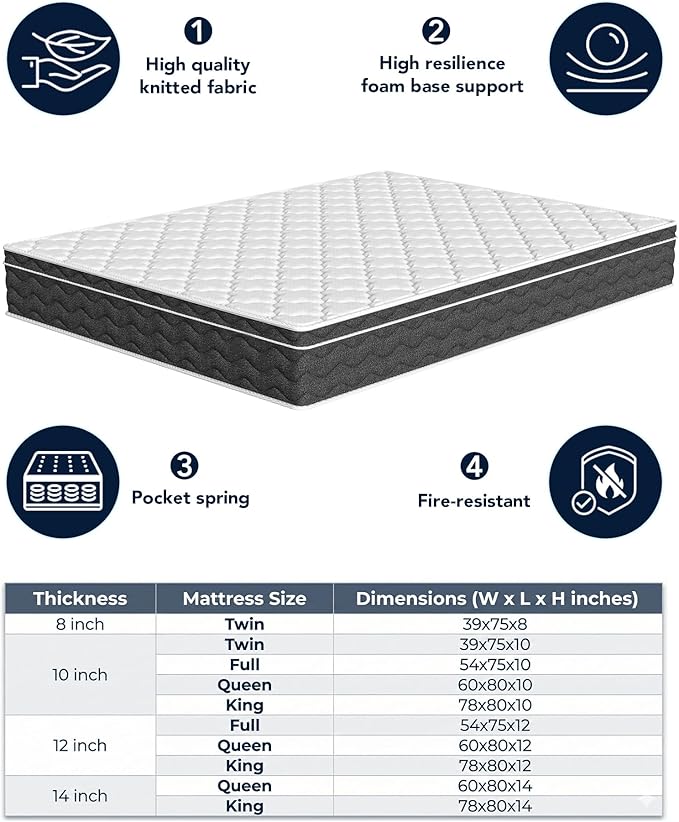 VKT King Size Mattress 14 inch, Hybrid Mattress in a Box,Individually Pocket Springs, Medium Firm Feel for Pressure Relief, Breathable Comfort, CertiPUR-USCertified