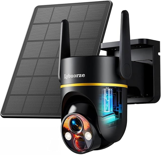 Lybuorz Outdoor Security Camera Wireless Solar Powered, 4MP HD Pan Tilt 360° View, IP65 Weatherproof, WiFi 6 Dual Band, AI Human Detection/Siren, 2-Way Audio, Color Night Vision, SD/Cloud Storage