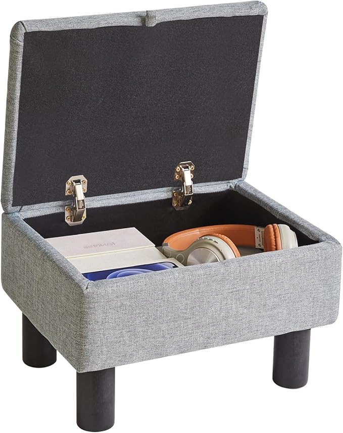 Foot Rest for Couch, Foot Stool Ottoman with Wood Legs, Linen Upholstered Ottoman with Storage 16x12x9.5inch Flip Top Small Stool for Living Room Dorm Blue Gray YD-JD1362