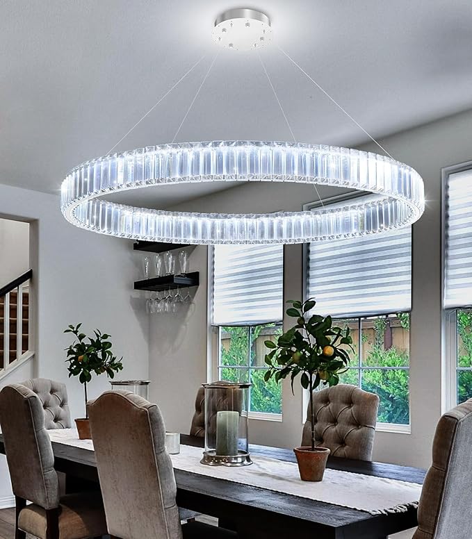 32'' Modern Ring Chandelier Crystal Chandeliers for Dining Room Round LED Dimmable Ceiling Light Fixture for Living Room Bedroom Lighting Silver