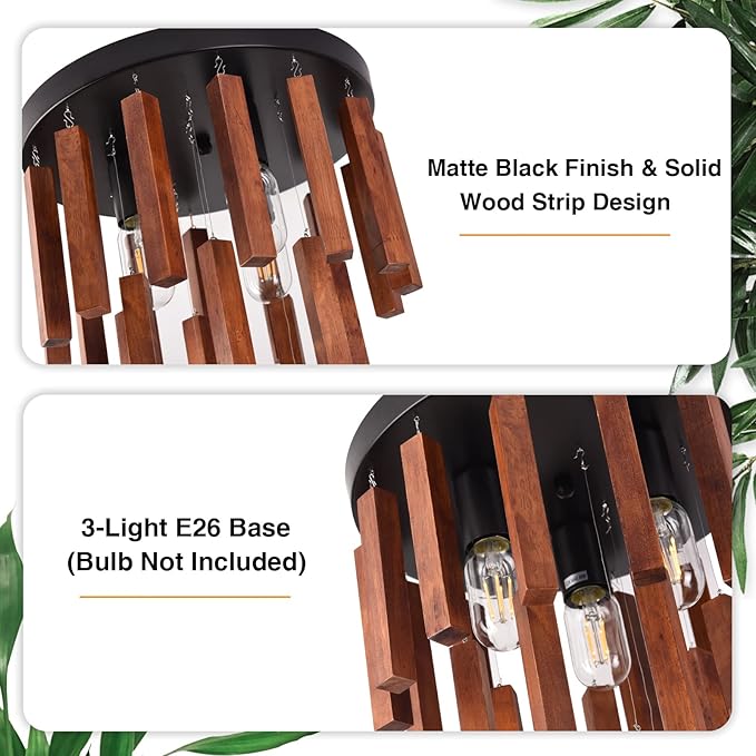 Farmhouse Flush Mount Ceiling Light Fixture, Rustic 3-Light Wood Strip Close to Ceiling Lights,Retro Vintage Red Oak and Black Kitchen Ceiling Lighting for Hallway Bedroom Entryway Living Dining Room