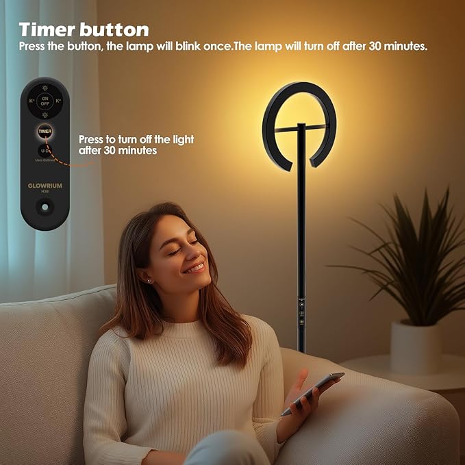 24W LED Floor Lamp with Remote, 70.8" Tall Standing Reading Lamp, Stepless Adjustable Brightness & Color Temps, 350°Rotatable Ring Light, Dimmable, Modern Corner Lamp for Living Room Bedroom Office