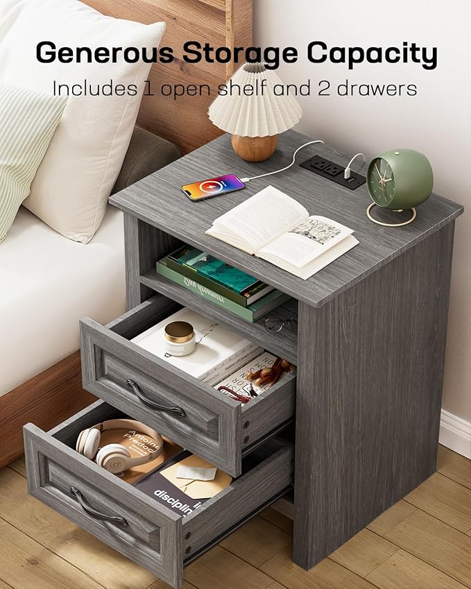 Marsail Nightstand Set of 2, Night Stand with Charging Station, Farmhouse Bedside Table with 2 Drawers, Open Shelf, Rustic End Table Storage Cabinet for Bedroom, Dark Gray