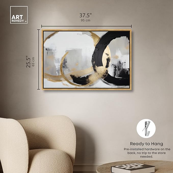 Art Remedy Another Dimension Canvas Modern Black White Abstract Wall Art, Gold Frame, 36" x 24"