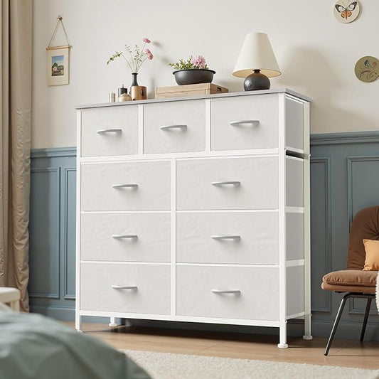DUMOS 9 Drawer Dresser for Bedroom, Fabric Storage Organizer with Sturdy Metal Frame, Wooden Top Chest of Drawers for Closet Entryway Guest Room,White